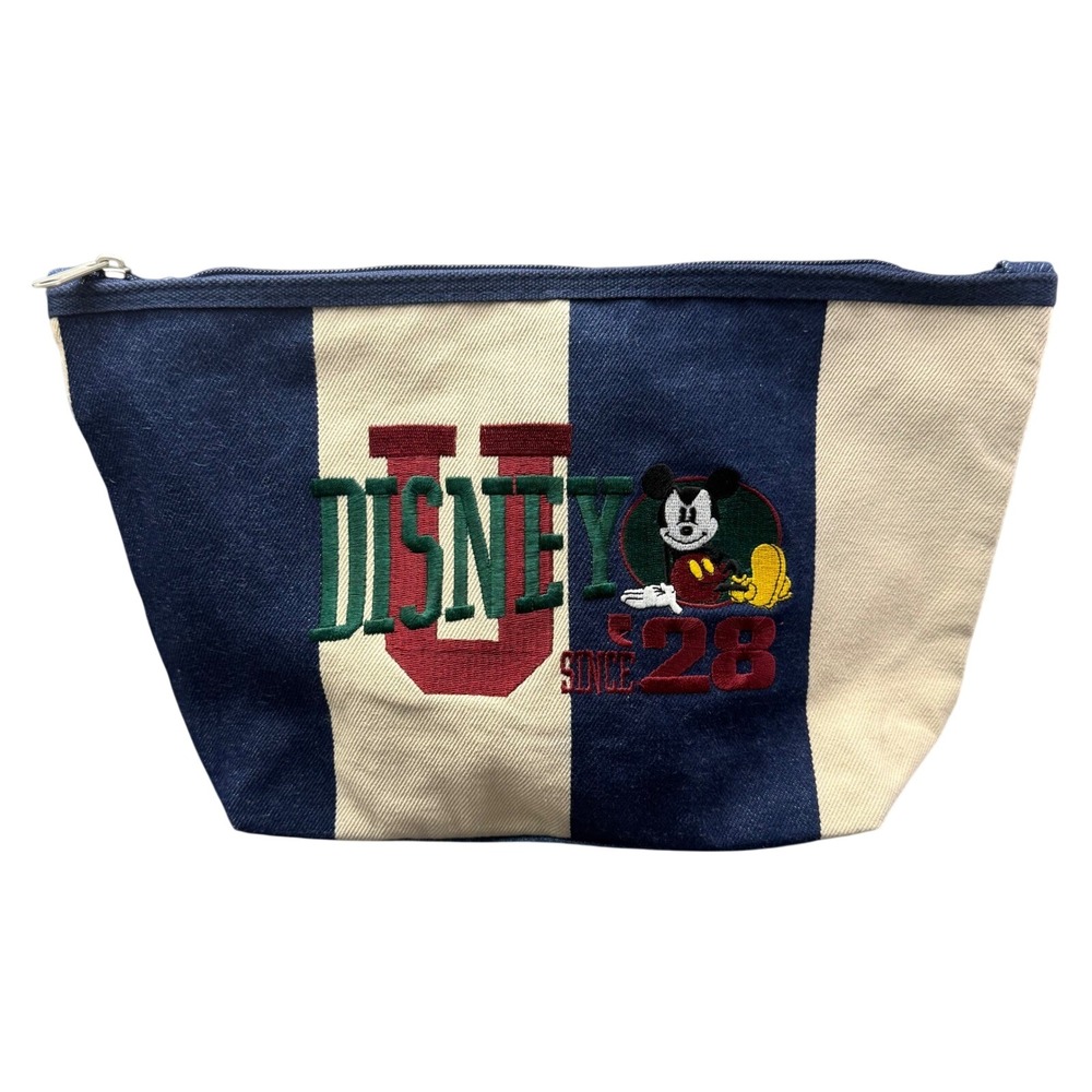 Disney Mickey Mouse Vintage Striped Canvas & Denim Cosmetic Bag Navy Cream Pouch